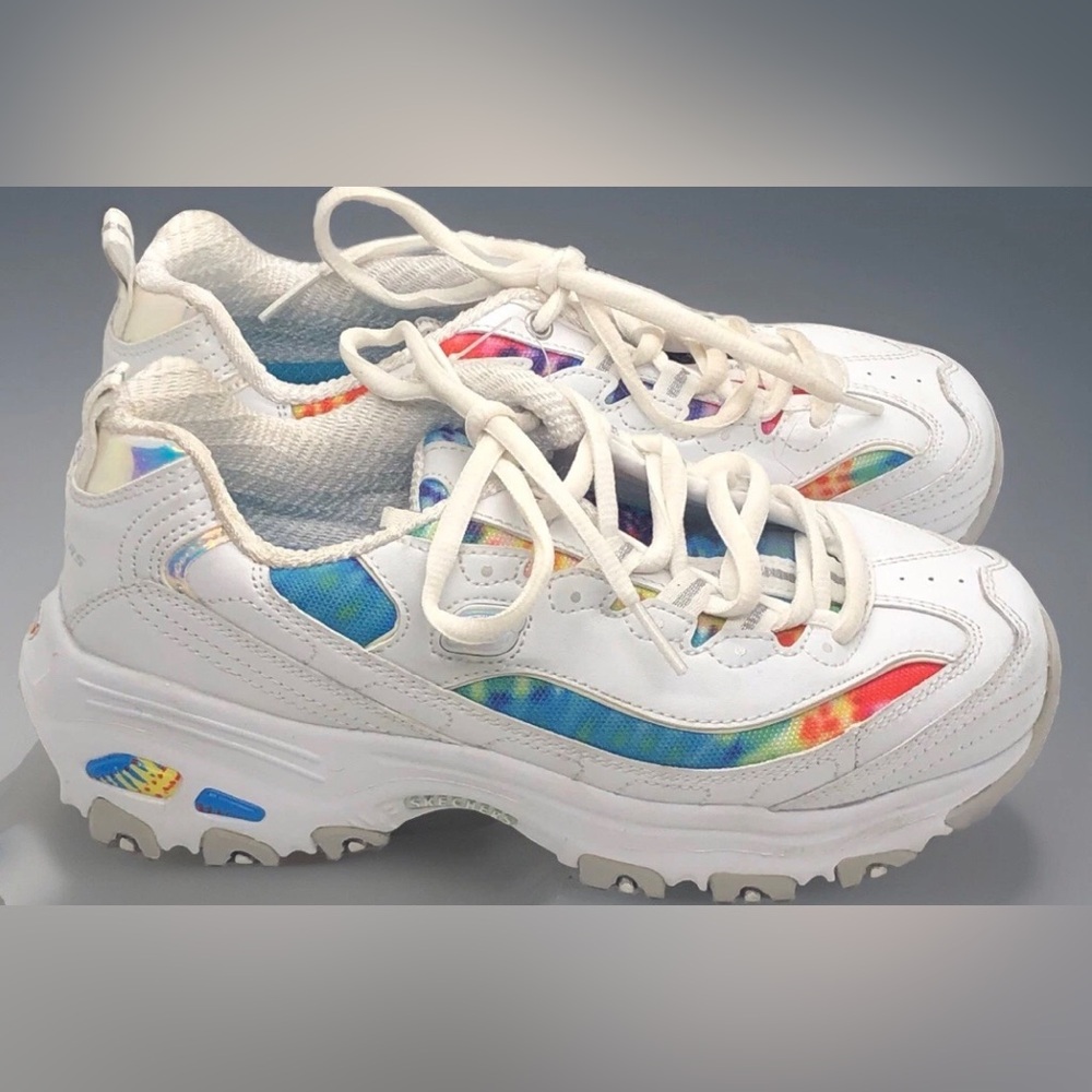 Skechers D'Lites Shoes Women’s SZ 6 Leather White Sneaker Chunky Colorful Fiesta - Picture 3 of 10